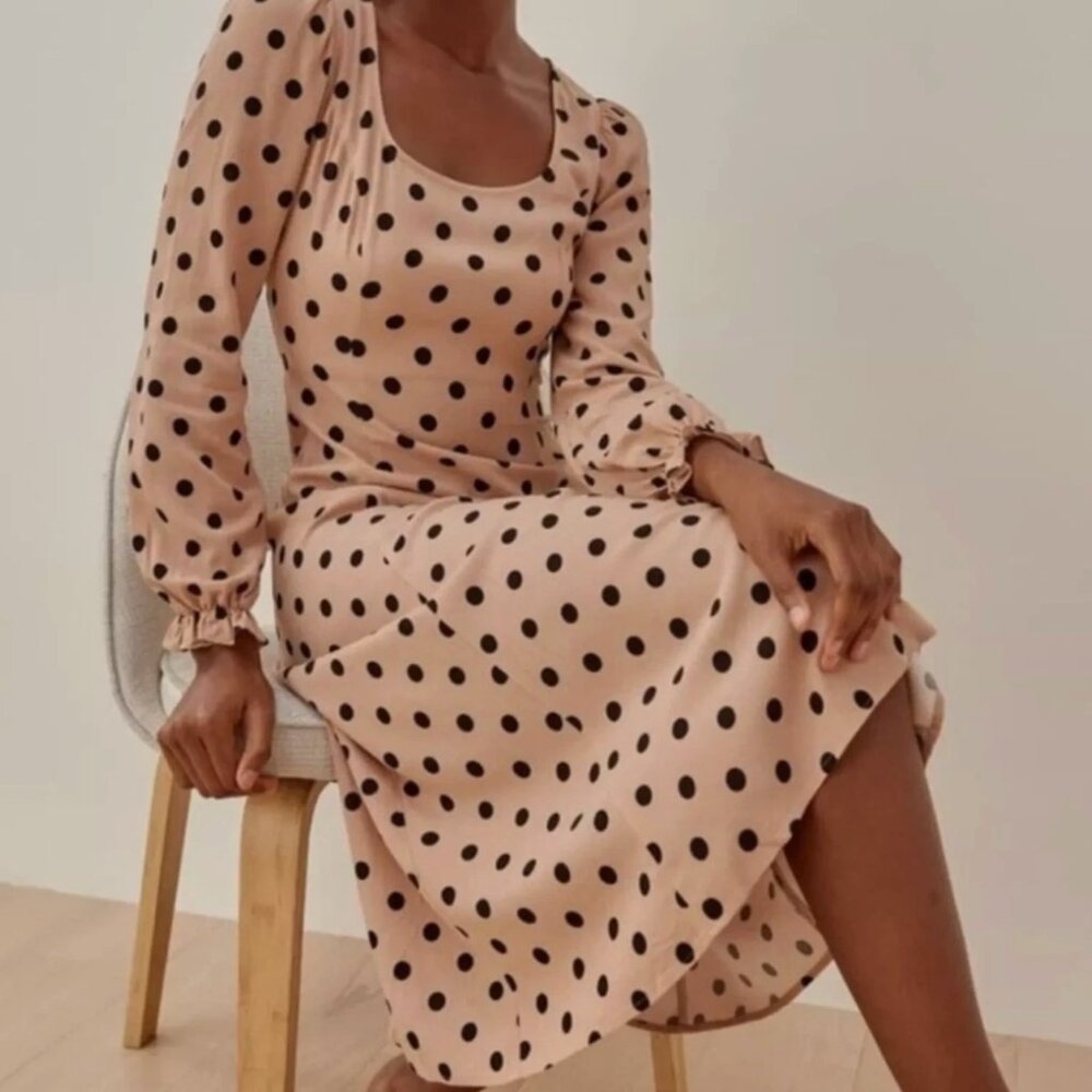 Reformation Woodstock Dress in Ibiza Long Sleeve Polka Dots Size 6